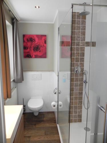 a bathroom with a toilet and a glass shower at Hotel le Fenil in Celles