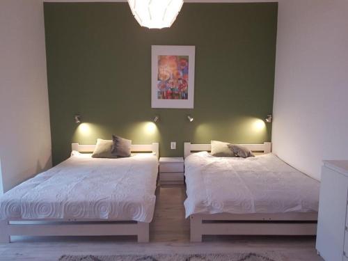 2 camas en una habitación con paredes verdes en Pod Jasną Górą Apartament 23, en Częstochowa