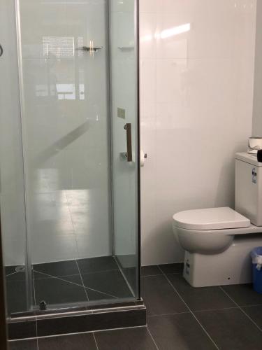 a bathroom with a shower and a toilet at Parkdale Motor Inn in Parkdale