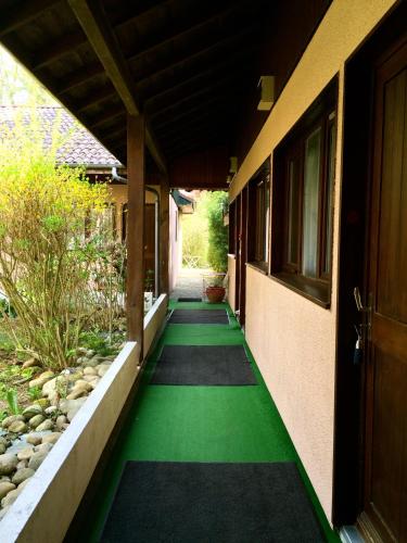 a hallway of a house with a green walkway at La Ferme de Thoudiere in Saint-Étienne-de-Saint-Geoirs