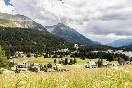 a village in a valley with mountains and a lake at Hotel Waldhaus am See in Valbella