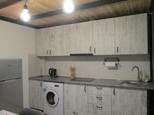 een keuken met een wastafel en een wasmachine bij Cozy Loft in Tbilisi City