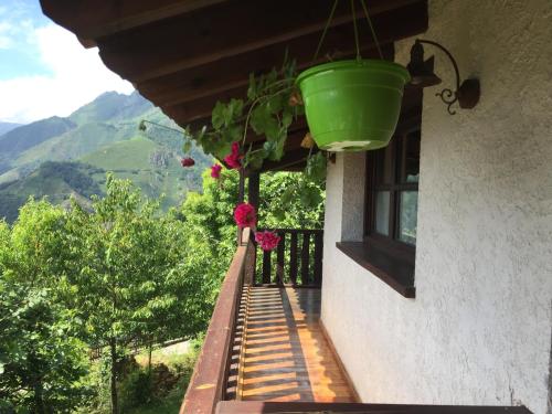 a balcony of a house with a window and flowers at La Xamoca Apartamentos Rurales in Campiellos