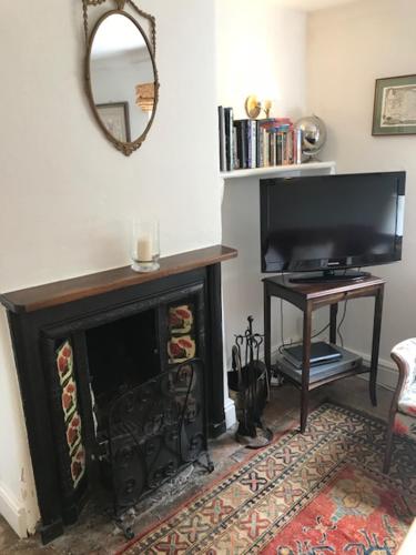 a living room with a fireplace and a mirror at Old Rectory - Scoulton in Great Ellingham