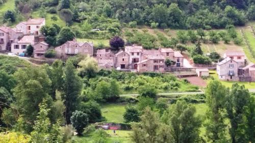 un grupo de casas en una colina con árboles en Gite Du Tourdre, en La Cresse