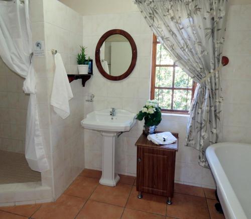 a bathroom with a sink and a tub and a mirror at Butterscotch B&B in Pinetown