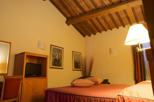 a bedroom with a bed and a television in a room at Hotel La Luna in Lucca