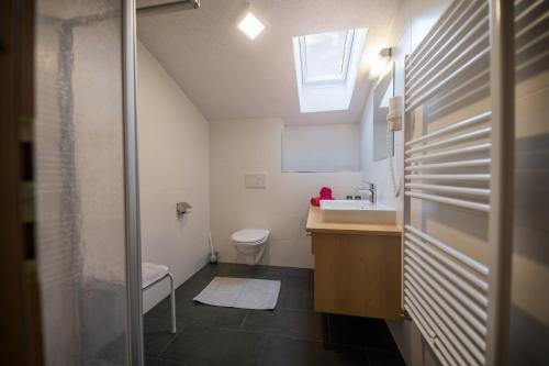 a bathroom with a sink and a toilet and a window at Ferienheim Gasteig in Neustift im Stubaital