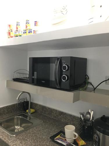 a microwave on a shelf above a kitchen counter at Italy Condotel Darasa in Tanauan