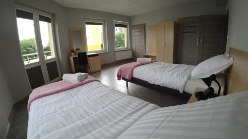 a hotel room with two beds and two windows at Apartamenty Kozienice in Kozienice