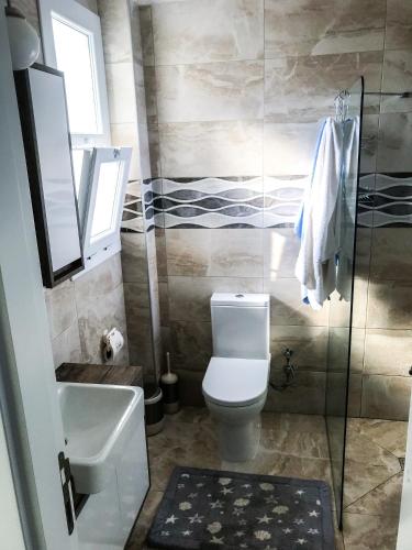 a bathroom with a toilet and a sink and a shower at Villa Lilach - Seaside, Caesar Beach in Boghaz
