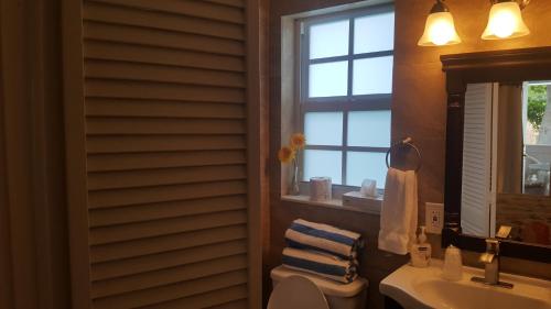 a bathroom with a toilet and a sink and a window at Courtney's Place Historic Cottages & Inns in Key West