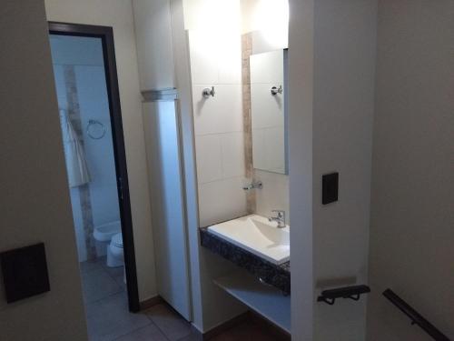 a bathroom with a sink and a toilet at Complejo Megevand in Río Ceballos