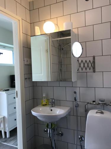 y baño con lavabo, espejo y aseo. en Apartment LeLök, en Lemland