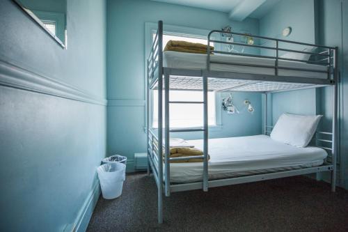 um quarto com 2 beliches num quarto azul em American Hotel Hostel em Seattle