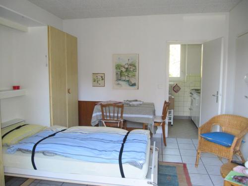 Schlafzimmer mit einem Bett, einem Tisch und Stühlen in der Unterkunft Casa Sandra in Locarno