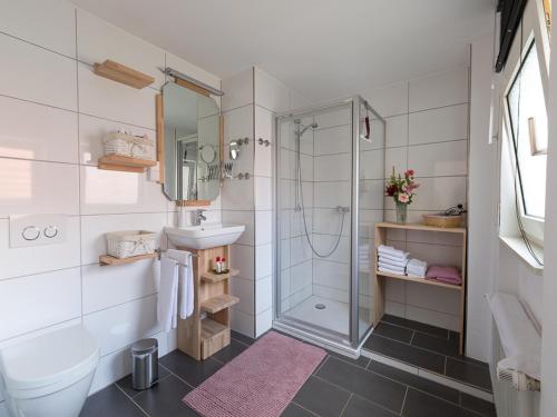 a bathroom with a shower and a sink and a toilet at Ferienwohnung Rebenmeer in Neustadt an der Weinstraße