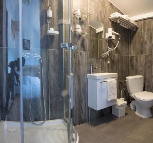 La salle de bains est pourvue d'une douche et de toilettes. dans l'établissement Chambre d'hotes - Ferme de Chanteraine, à Aiguines