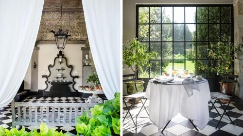 comedor con mesa y ventana en Villa-A en Rouillac