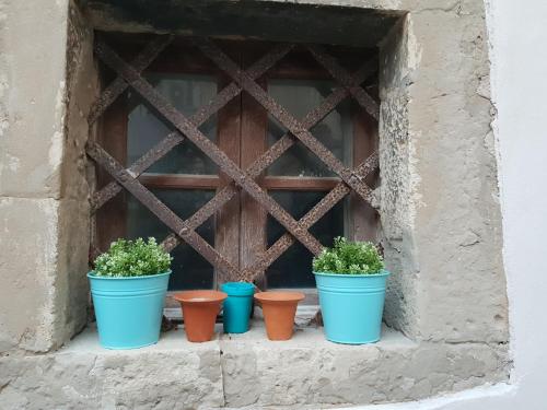 four blue potted plants sitting on a window sill at Dimora Montalto,indipendente con terrazzo privato in Siracusa