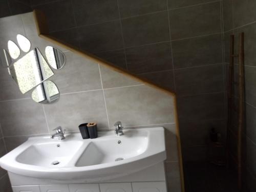 uma casa de banho com um lavatório branco e um espelho. em "Kaz Misèl"65 m carré 4 nuits minimum em Saint-Paul