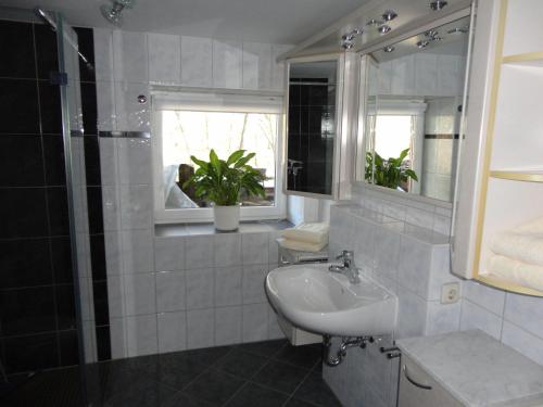a white bathroom with a sink and a shower at Ziegelei-Lübars in Klietz