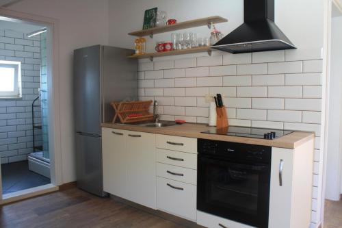 a kitchen with a stove and a sink and a refrigerator at Apartman Luka in Viganj