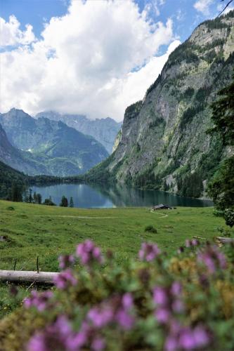 a view of a lake in a valley with mountains at Landhaus am Waldrand in Ramsau