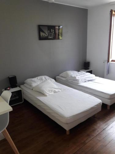 deux lits jumeaux dans une chambre avec dans l'établissement Gite Le Savart, à Chartèves