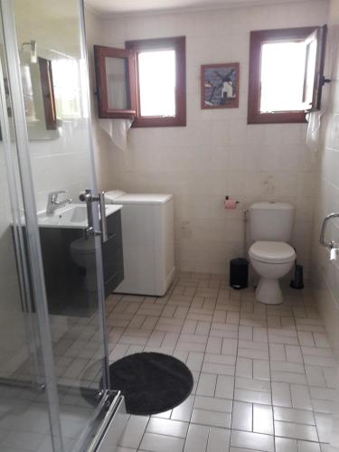 une salle de bain avec toilettes, lavabo et douche dans l'établissement Gite Le Savart, à Chartèves