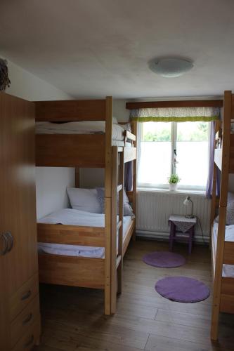 a room with two bunk beds and a window at Ubytování - U nás doma in Orličky