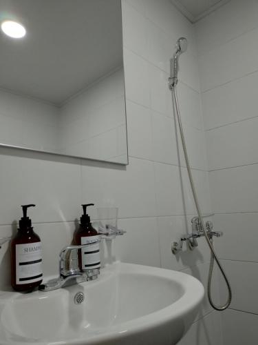 a bathroom with a sink and a shower head at Seoul Forest Stay in Seoul