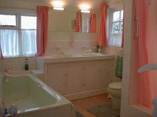 a bathroom with a tub and two sinks and a toilet at Longwood Forest Apartment in Bartley