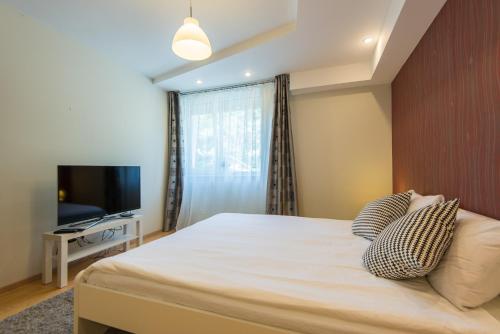 a bedroom with a large bed and a television at Parnidžio Kopa in Nida
