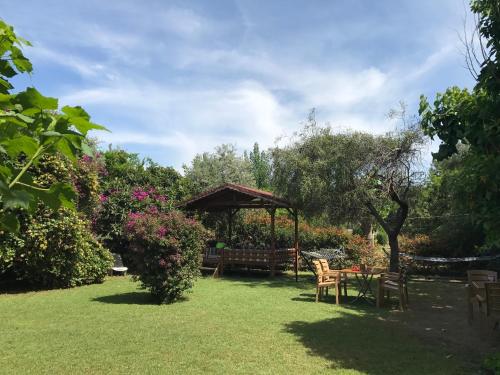 a garden with a table and a gazebo at Baris Pension & Bungalows in Cıralı
