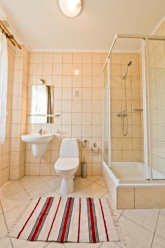 ein Badezimmer mit Toilette, Dusche und Waschbecken in der Unterkunft Dom Artusa in Ustka