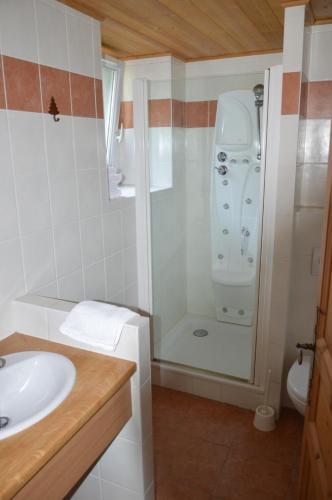 a white bathroom with a shower and a sink at Le Relais Du Mont Blanc in Magland