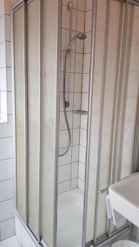 a shower with a glass door in a bathroom at Gasthaus Krone in Wiesentheid