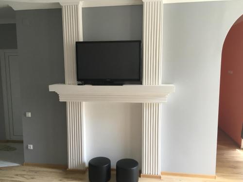 uma sala de estar com lareira e uma televisão na parede em Apartment White Magnolia em Batumi