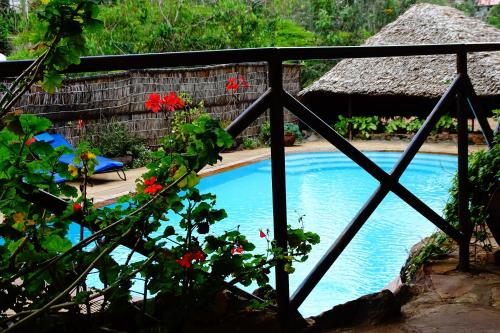 a view of a swimming pool with a house and flowers at Osoita Lodge in Nairobi