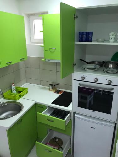 a kitchen with green cabinets and a sink at La Apartamento in Jagodina