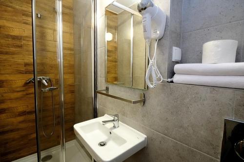 ザコパネにあるWilla Centrumのバスルーム(シンク、シャワー、鏡付)