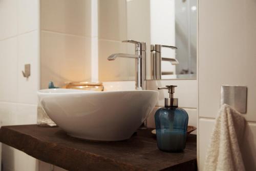 a bathroom with a white sink and a bottle of soap at Domek na Zwierzynieckim Rogu in Trygort