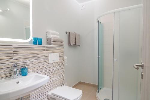 a bathroom with a sink and a toilet and a shower at HOP HOUSE Garni Hotel in Postojna