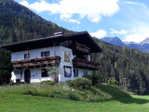a house on a hill with mountains in the background at Appartement Wildkogelblick in Neukirchen am Großvenediger