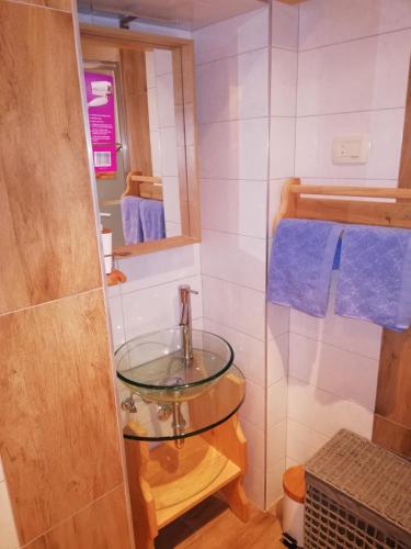 a bathroom with a glass sink and a mirror at Apartments Blue & Green in Mošćenička Draga