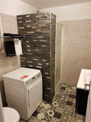 une salle de bain avec toilettes et un mur carrelé dans l'établissement Maison Lolly corse wifii free, à Borgo