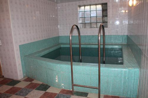 a swimming pool in a bathroom with blue tile at Адилет in Cholpon-Ata