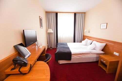 a hotel room with a bed and a desk with a television at Hotel Malinowski Business in Gliwice