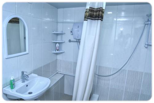 a white bathroom with a sink and a shower at Lucy B&B in Goris